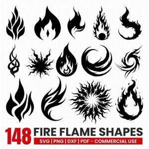 Könnte beinhalten: Eine Sammlung von 148 schwarzen Feuerflammenformen in verschiedenen Designs. Die Flammen reichen von einfach bis komplex, mit unterschiedlichen Formen und Stilen. Der Text "148 FIRE FLAME SHAPES" wird unten in Rot angezeigt.