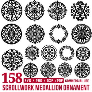 May include: A selection of 158 black scrollwork medallion ornaments in diverse circular patterns. The image includes the text "SVG / PNG / DXF / PDF COMMERCIAL USE" and "SCROLLWORK MEDALLION ORNAMENT".