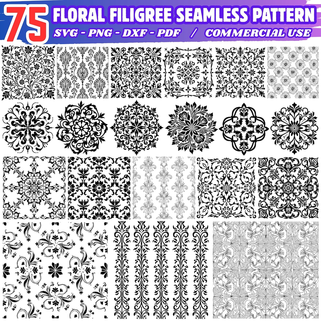 Floral Filigree Seamless Pattern Bundle (svg, Png, Pdf, Dxf) - Etsy