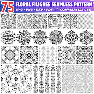 Puede incluir: Una colección de 75 patrones florales de filigrana sin costuras en blanco y negro. Los patrones incluyen varios diseños florales, medallones y bordes ornamentales. La imagen también incluye el texto "FLORAL FILIGREE SEAMLESS PATTERN".