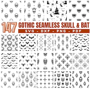 Gotisk skalle, fladdermus, sömlöst mönster SVG-paket, mörka gotiska upprepade mönsterfiler för lasergravering och Glowforge, omedelbara nedladdningar
