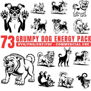 Può includere: Una collezione di 73 illustrazioni in bianco e nero di cani scontrosi in varie pose. L'immagine include cani con espressioni arrabbiate, che corrono e giocano. Il testo rosso recita "GRUMPY DOG ENERGY PACK" e "SVG/PNG/DXF/PDF - COMMERCIAL USE."