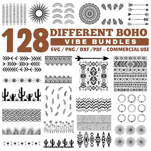 Puede incluir: Una colección de 128 paquetes de diseños Boho en blanco y negro. La imagen incluye varios patrones, flechas, soles, cactus y elementos florales. El texto dice "DIFFERENT BOHO VIBE BUNDLES" y "SVG/PNG/DXF/PDF - COMMERCIAL USE".