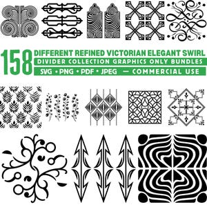 Puede incluir: Una colección de 158 gráficos divisores victorianos en blanco y negro. La imagen incluye varios diseños elegantes de remolinos, patrones florales y formas geométricas. El texto dice: "DIFFERENT REFINED VICTORIAN ELEGANT SWIRL DIVIDER COLLECTION GRAPHICS ONLY BUNDLES".