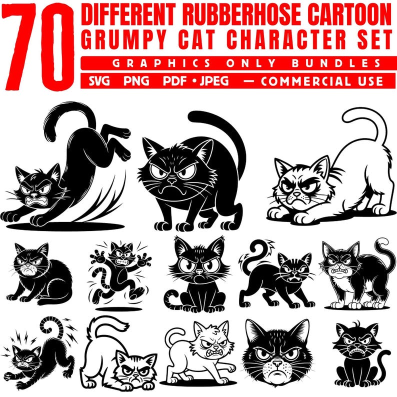 Rubberhose Grumpy Cat Character SVG PNG PDF & Dxf Bundle for Craft ...