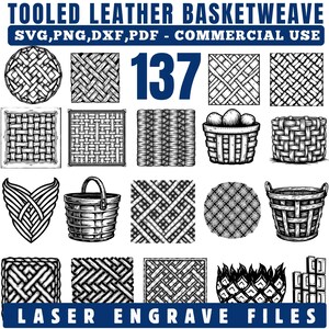 May include: A collection of 137 laser-engraved basketweave designs in SVG, PNG, DXF, and PDF formats. The black and white illustrations include various basket patterns, shapes, and basket designs, suitable for commercial use.