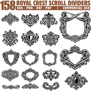 May include: A collection of 158 black and white royal crest scroll dividers in various ornate designs. The designs include shields, frames, and decorative flourishes, suitable for commercial use. The text at the top reads "158 ROYAL CREST SCROLL DIVIDERS".