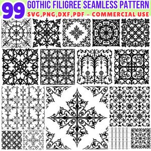 Puede incluir: Una colección de 99 patrones góticos de filigrana sin costuras en blanco y negro. Los patrones incluyen varios diseños ornamentados, como formas florales y geométricas. La imagen también incluye el texto "GOTHIC FILIGREE SEAMLESS PATTERN" e información del tipo de archivo.