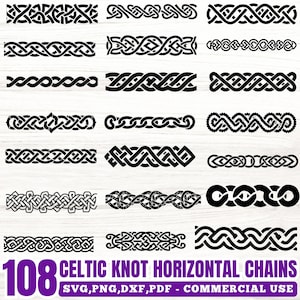 Puede incluir: Una colección de 108 diseños de cadenas horizontales de nudos celtas negros. La imagen presenta varios patrones intrincados, adecuados para proyectos de arte digital o diseño. El texto en la parte inferior dice "108 Celtic Knot Horizontal Chains" con opciones de formato de archivo.
