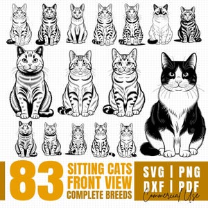 Könnte beinhalten: Eine Sammlung von 183 Illustrationen sitzender Katzen in verschiedenen Rassen, Frontansicht. Die Bilder sind in Schwarzweiß gehalten, mit detaillierter Linienführung. Der Text "SITTING CATS FRONT VIEW COMPLETE BREEDS" und Dateitypen SVG, PNG, DXF, PDF sind enthalten.