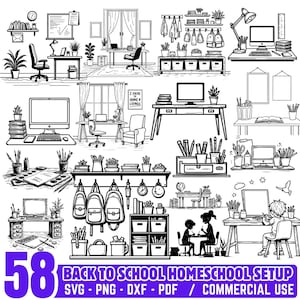 Może przedstawiać: Czarno-białe ilustracje różnych konfiguracji biura domowego i szkolnego. Zawiera biurka, komputery, półki, plecaki i artykuły szkolne. Tekst brzmi: "58 BACK TO SCHOOL HOMESCHOOL SETUP SVG - PNG - DXF - PDF / COMMERCIAL USE."