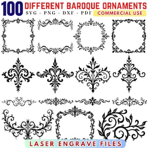 May include: A collection of 100 different black baroque ornaments in SVG, PNG, DXF, and PDF formats. The image includes various frame designs, floral motifs, and decorative elements suitable for laser engraving projects. Text on the image reads "Commercial Use" and "Laser Engrave Files."
