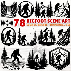Könnte beinhalten: Eine Sammlung von 78 Bigfoot-Szenenkunst-Designs in Schwarz und Weiß. Die Bilder zeigen Bigfoot-Silhouetten in verschiedenen Umgebungen im Freien, wie Wäldern, Bergen und in der Nähe von Wasser. Der Text lautet "78 BIGFOOT SCENE ART SVG, PNG, DXF, PDF - COMMERCIAL USE."