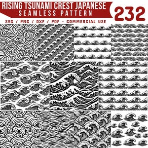 Puede incluir: Una colección de patrones sin costuras en blanco y negro con olas estilizadas y diseños arremolinados. Los patrones incluyen varias crestas de olas y motivos acuáticos abstractos, adecuados para proyectos de diseño digital. La imagen incluye el texto "RISING TSUNAMI CREST JAPANESE SEAMLESS PATTERN".