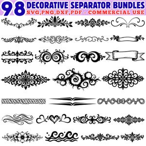 May include: A collection of 98 decorative separator bundles in SVG, PNG, DXF, and PDF formats. The image displays various black and white ornamental designs, including floral, scroll, and ribbon elements, suitable for commercial use.