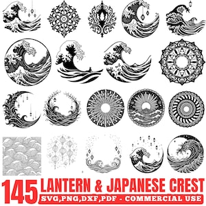 Puede incluir: Una colección de 145 diseños de crestas y linternas japonesas en blanco y negro. Los diseños incluyen olas, mandalas y linternas. El texto "145 LANTERN & JAPANESE CREST" se muestra en rojo, con información sobre el tipo de archivo.
