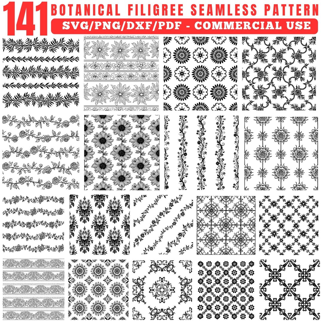 Realistic Botanical Filigree Seamless Pattern Svg Png Pdf & Dxf Bundle ...