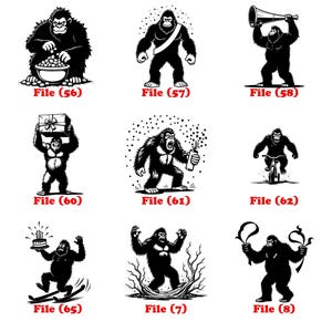 May include: A collection of black and white illustrations of gorillas in various poses. Some gorillas are holding objects like a bowl, a gift, or a flag. Each image has a "File" label and a number.