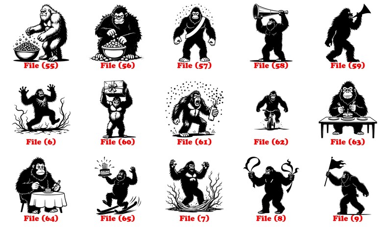 May include: A collection of black and white illustrations of gorillas in various poses. Some gorillas are holding objects like a bowl, a gift, or a flag. Each image has a "File" label and a number.