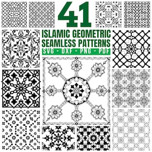 Puede incluir: Una colección de 41 patrones geométricos islámicos sin costuras en blanco y negro. Los patrones incluyen diseños florales, de celosía y de estrellas. La imagen también incluye el texto "41 ISLAMIC GEOMETRIC SEAMLESS PATTERNS" y opciones de tipo de archivo: SVG, DXF, PNG y PDF.