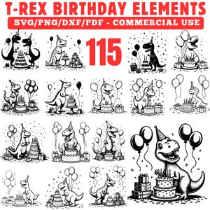 Puede incluir: Ilustraciones en blanco y negro de dinosaurios T-Rex celebrando cumpleaños. Cada dinosaurio se representa con un gorro de fiesta, pastel, globos y regalos. La imagen incluye el texto "T-REX BIRTHDAY ELEMENTS" y "115".