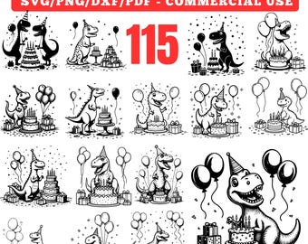 Pakiet elementów urodzinowych T-Rex w formacie SVG, PNG, PDF i DXF do natychmiastowego pobrania niestandardowych koszulek imprezowych