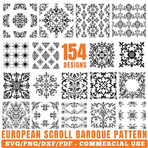 Può includere: Una collezione di 154 disegni di motivi barocchi a volute europee in bianco e nero. I disegni includono elementi floreali, geometrici e ornamentali. Il testo sull'immagine recita "EUROPEAN SCROLL BAROQUE PATTERN" e "SVG/PNG/DXF/PDF - COMMERCIAL USE".