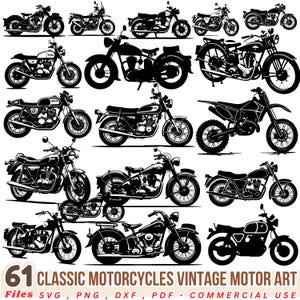 Peut inclure: Illustration en noir et blanc de 61 motos classiques. L'image présente divers modèles de motos vintage, notamment des cruisers, des café racers et des motos tout-terrain. Le texte en bas indique "61 CLASSIC MOTORCYCLES VINTAGE MOTOR ART".