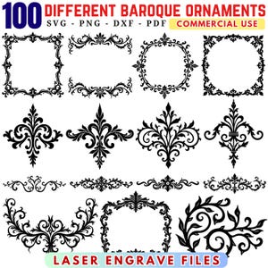 May include: A collection of 100 different black baroque ornaments in SVG, PNG, DXF, and PDF formats. The image includes various frame designs, floral motifs, and decorative elements suitable for laser engraving projects. Text on the image reads "Commercial Use" and "Laser Engrave Files."
