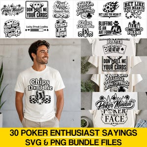 Puede incluir: Una colección de 30 diseños gráficos digitales con ilustraciones de temática de póquer y textos como Poker Mindset, Don't Tell Me Your Cards, River Magic, Fold Em Unless You're Nuts, Bet Like You Mean It, Stack Em High y Chips Don't Lie.