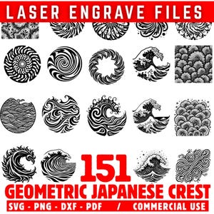 May include: A collection of 151 geometric Japanese crest designs in black and white. The designs include waves, spirals, and floral patterns, suitable for laser engraving. Text at the top reads "LASER ENGRAVE FILES". The bottom text reads "GEOMETRIC JAPANESE CREST".