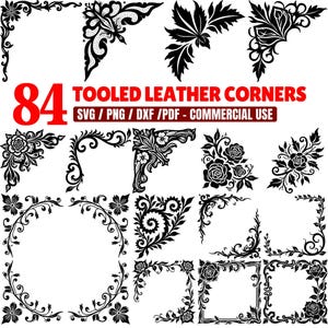 Könnte beinhalten: Eine Sammlung von 84 schwarz-weißen Eckdesigns für Lederarbeiten. Die Designs umfassen Blumen-, Blatt- und Scrollmuster, mit dem Text "84 Tooled Leather Corners" und Dateitypinformationen.