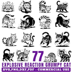 Könnte beinhalten: Sechzehn Schwarz-Weiß-Illustrationen von grimmigen Katzen in verschiedenen Posen. Das Bild enthält den Text "77 EXPLOSIVE REACTION GRUMPY CAT SVG, PNG, DXF, PDF - COMMERCIAL USE".