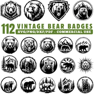 May include: A collection of 112 vintage bear badges in black and white. The badges feature various bear illustrations, including bear faces, silhouettes, and scenes with mountains and trees. Text reads "VINTAGE BEAR BADGES".