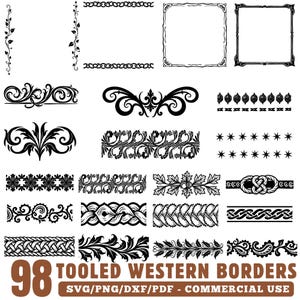 Puede incluir: Una colección de 98 bordes occidentales labrados en blanco y negro con varios diseños, incluyendo patrones florales, geométricos y de nudos. La imagen incluye el texto "98 TOOLED WESTERN BORDERS" e información del tipo de archivo.