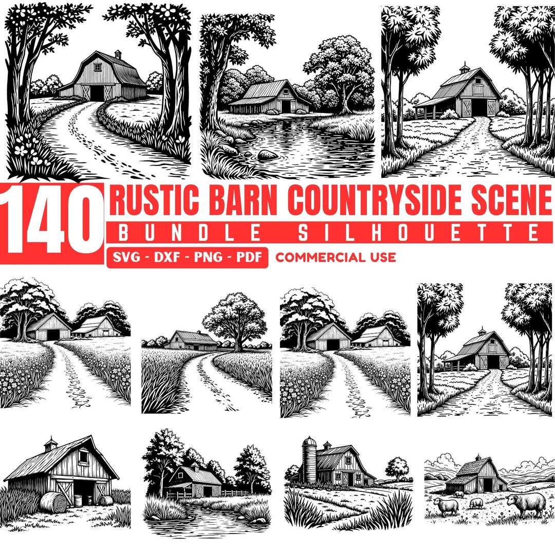 Rustic Barn Countryside Scene SVG Bundle, Farmhouse & Country Landscape ...