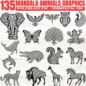 May include: A collection of 135 mandala animal graphics in SVG, PNG, DXF, and PDF formats. The black and white designs include an elephant, eagle, butterfly, owl, peacock, frog, zebra, and more. Commercial use is permitted.
