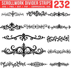 May include: A collection of black scrollwork divider strips in various ornate designs. The image includes the text "SCROLLWORK DIVIDER STRIPS" in red, along with file type information and the number "232". These decorative elements are suitable for commercial use.