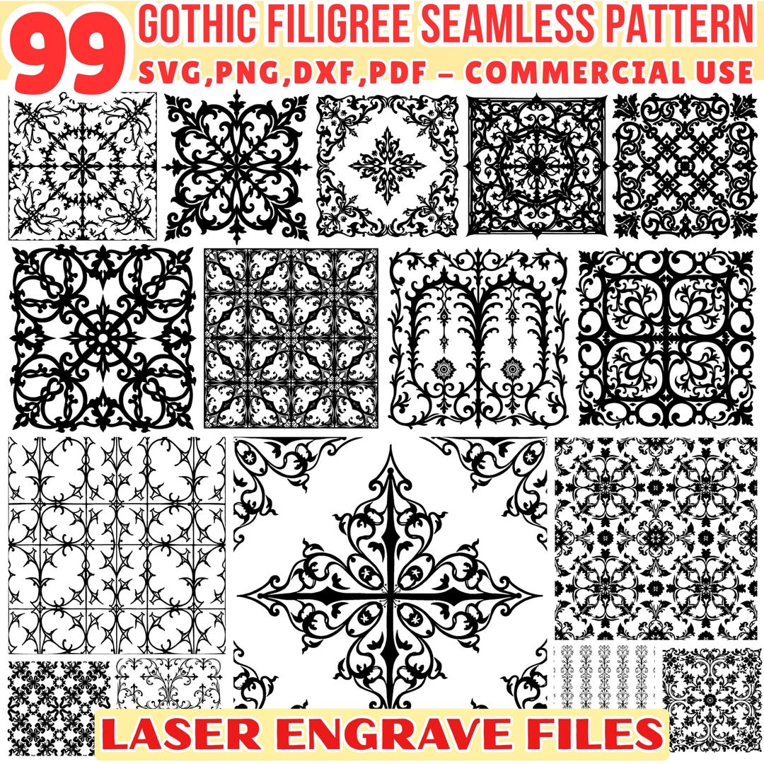 Laser Engrave Files Gothic Filigree Seamless Patterns Svg Png Pdf & Dxf ...