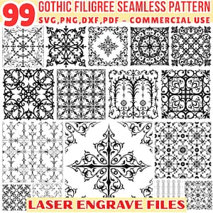 Peut inclure: Une collection de 99 motifs gothiques sans couture en noir et blanc. L'image présente divers motifs ornés adaptés à la gravure laser, avec le texte "GOTHIC FILIGREE SEAMLESS PATTERN" et "LASER ENGRAVE FILES".