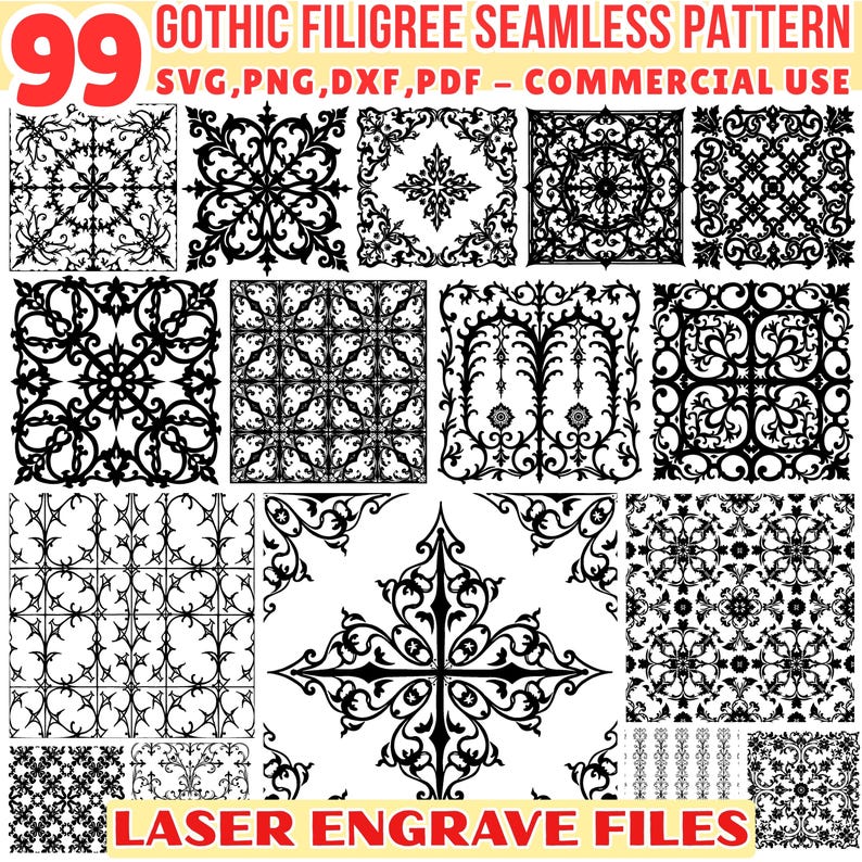 Laser Engrave Files Gothic Filigree Seamless Patterns Svg Png Pdf & Dxf ...