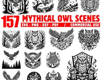 Pliki do grawerowania laserowego, mityczne sceny z sową, pliki SVG, PNG, PDF i DXF, pakiet do natychmiastowego pobrania