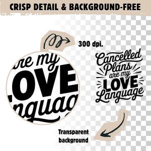 May include: Black and white graphic design with the text "are my LOVE language" in a circular design. The phrase "Cancelled Plans are my LOVE Language" is also displayed. The image is labeled "300 dpi" and "Transparent background".