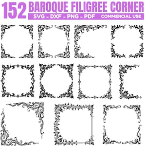 May include: A collection of 152 black Baroque filigree corner designs in SVG, DXF, PNG, and PDF formats. The designs include ornate floral and scrollwork borders, suitable for commercial use.