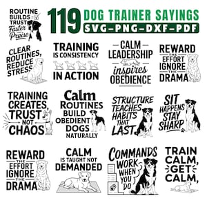 Puede incluir: Imagen que muestra 119 frases de adiestrador canino en formatos SVG, PNG, DXF y PDF. El diseño incluye citas como "El entrenamiento crea confianza, no caos" e ilustraciones de perros.