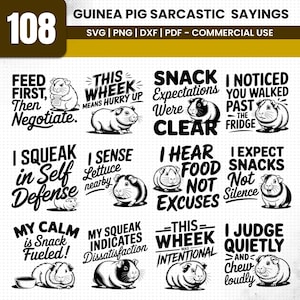 Puede incluir: Colección de diseños en blanco y negro con temática de cobayas y frases sarcásticas. Cada diseño presenta una ilustración de cobaya y una cita humorística. El texto incluye frases como "Feed First, Then Negotiate" y "I Judge Quietly and Chew Loudly."