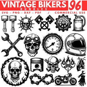 Peut inclure: Ensemble d'illustrations vintage sur le thème des motards en noir et blanc. L'image comprend des pistons, des crânes, des clés, un compteur de vitesse, un casque, une moto et le texte "VINTAGE BIKERS 96 BUNDLES SVG PNG DXF PDF / COMMERCIAL USE."