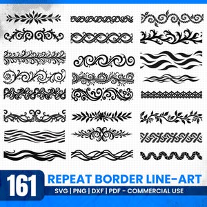 Op de afbeelding: Een verzameling van 20 zwarte repeat border line-art ontwerpen. De ontwerpen omvatten bloemen-, golf- en geometrische patronen. De afbeelding bevat ook het nummer 161 en de tekst "REPEAT BORDER LINE-ART" met bestandsinfo.
