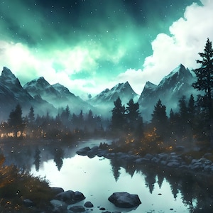 Handmade Skyrim Oil Painting: Night Landscape Fan Art