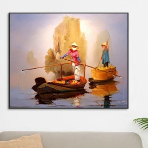 Pintura a óleo feita à mão sobre tela de algodão sob demanda, enrolada, esticada ou emoldurada, Vietnã - Mulheres vietnamitas vendendo em um barco 1 obra de arte de parede